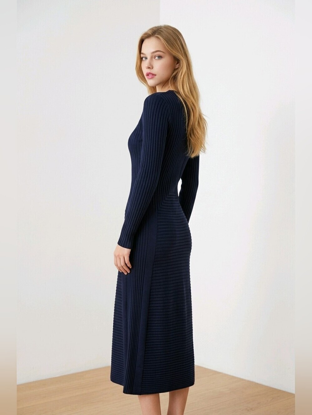 H &M Elegant Navy Long Sleeve Ribbed Dress With Subtle Ribbed Design Sz S